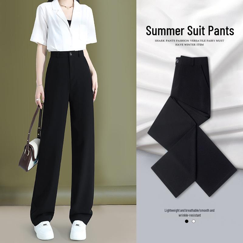 

Women s Black High Waist Wide Leg Ice Silk Summer Pants - Petite, Drapey, Straight Leg, Thin, 2025 Collection S чёрный