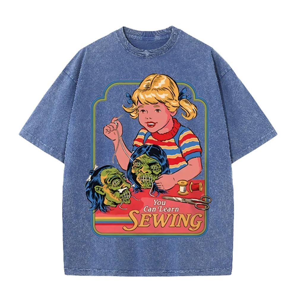 2026 Vintage Retro Girl Sewing Horror Graphic Washed T Shirt Dark Humor Spooky Casual Oversized Short Sleeve Streetwear Tee