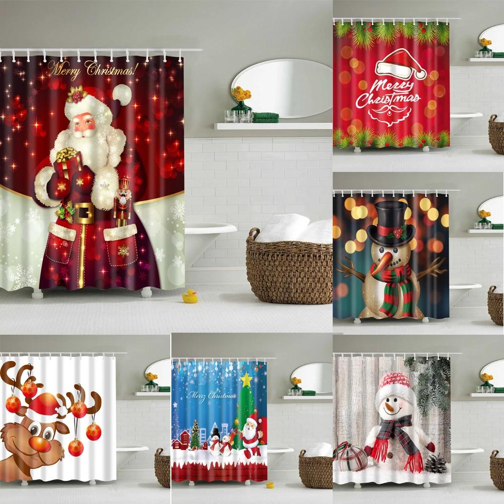 Merry Christmas Shower Curtains New Year Santa Bathroom Decor Bath Curtain Cartoon Snowman Elk Bath Bathroom Curtains