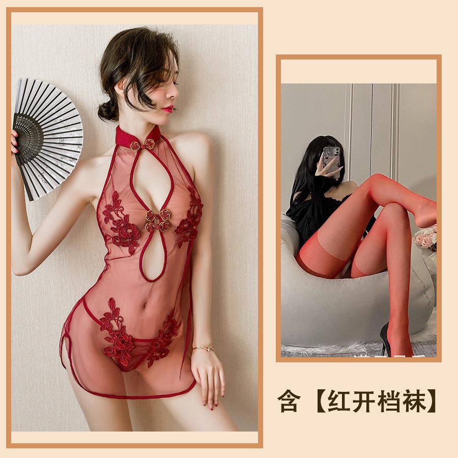 Sexy Sexy Lace Slit Free Uniform Mesh Classical Embroidery Cheongsam Temptation Perspective Set