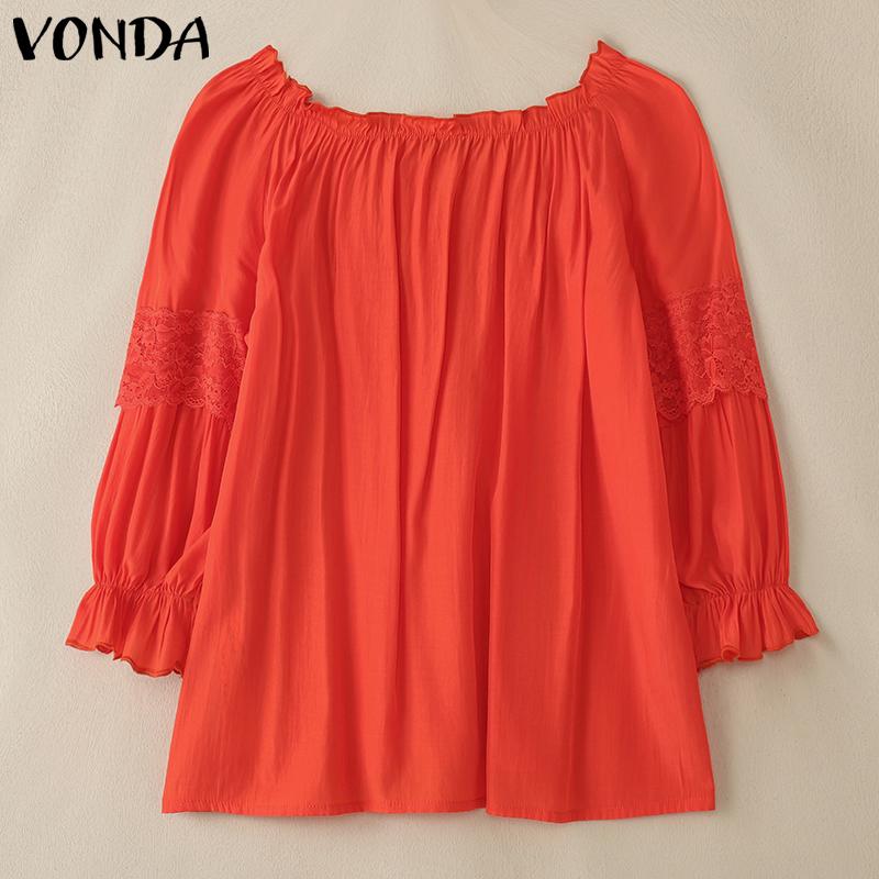 VONDA Damen Sommer Rundhals 3/4-Ärmel Spitze Patchwork Rüschen Lässige Lockere Bluse