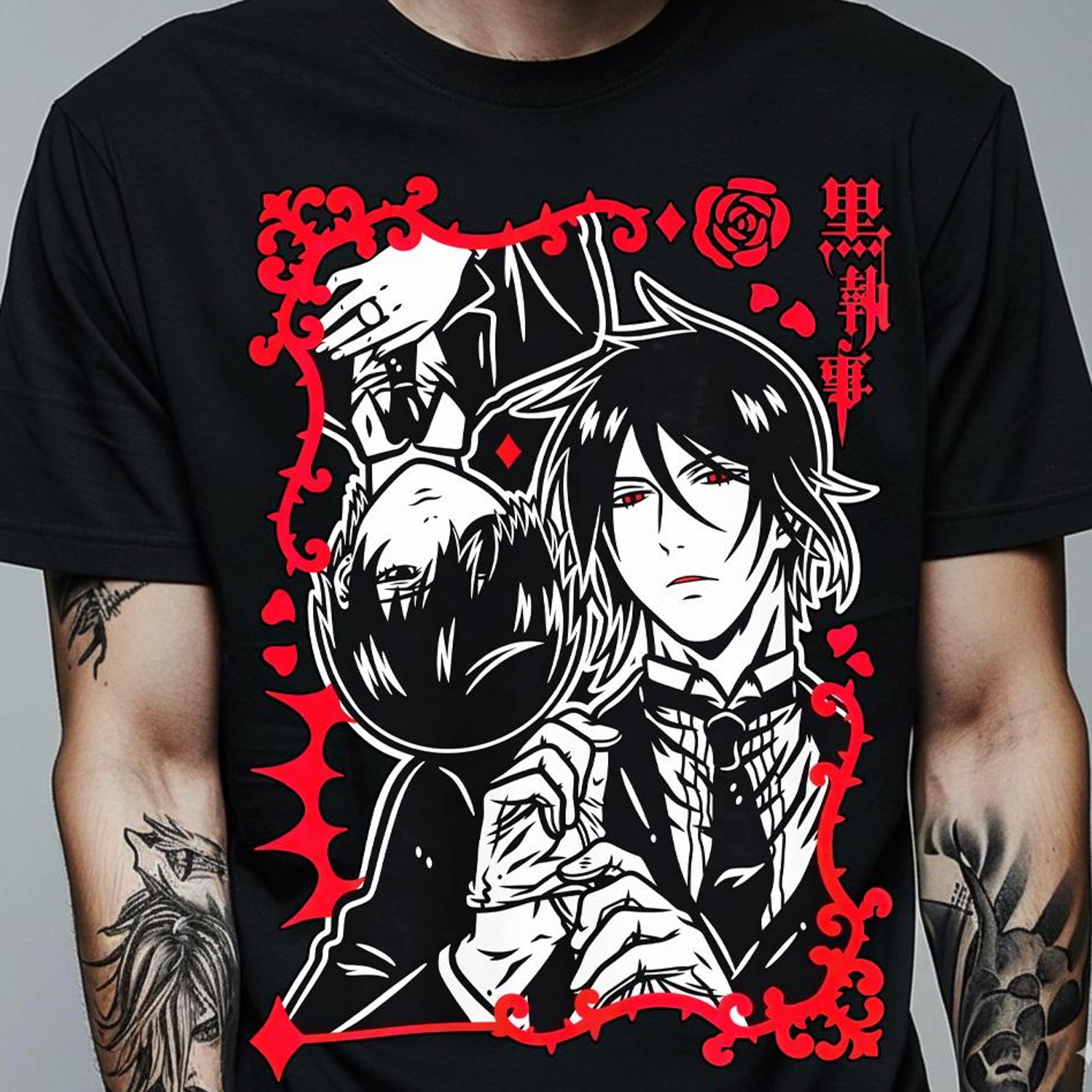 Unisex Black Butler Anime Shirt, Ciel Phantomhive & Sebastian Shirt, Toboso Yana, Japanese Anime Graphic Tee Kuroshitsuji Manga Gift T-Shirt M