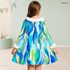 Girls High Neck Long Sleeve Printed White Blue Furry Trim Bow Waist A Line Flared Dress