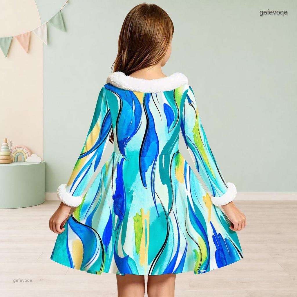 Girls High Neck Long Sleeve Printed White Blue Furry Trim Bow Waist A Line Flared Dress