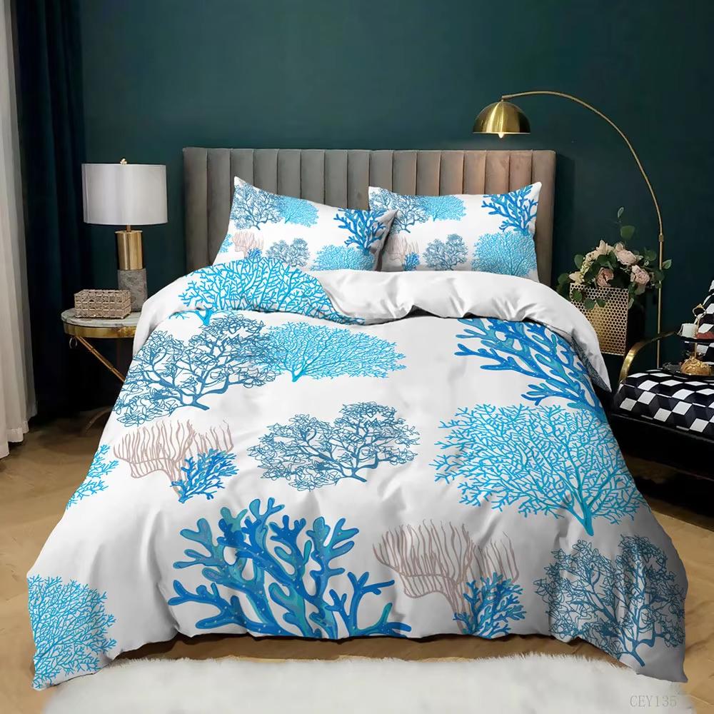 Copripiumino Cartoon Animali Marini King/Queen Set Biancheria da Letto Nautico Costiero Coperta Trapuntata Cavalluccio Marino Set da 3 Pezzi Per Bambini e Bambine