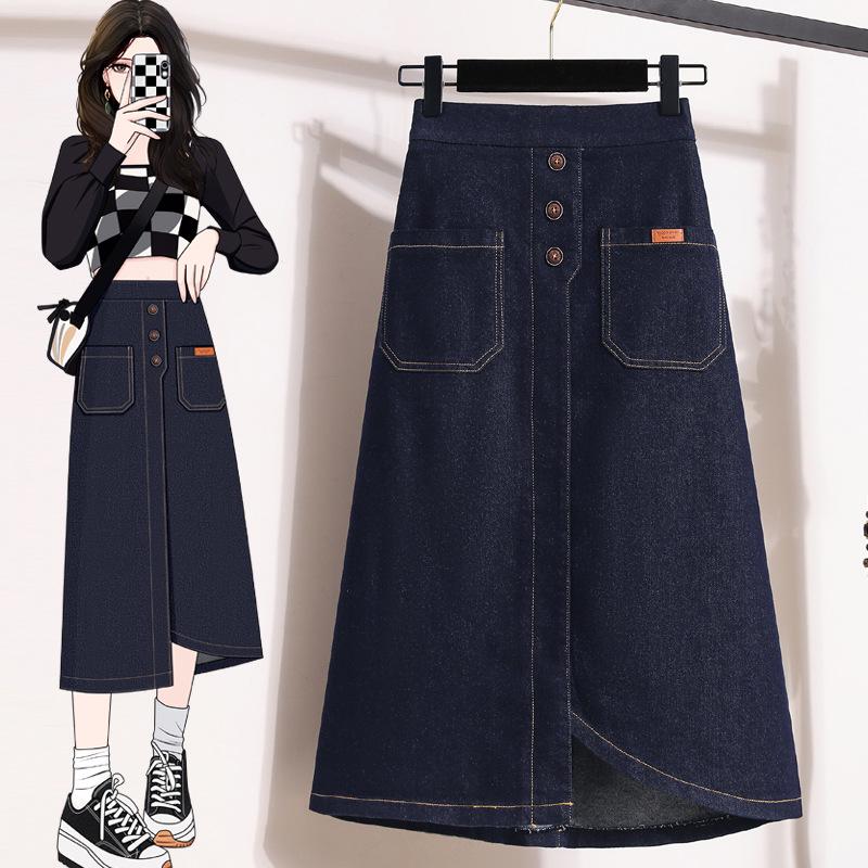 

2026 Spring European-Style Plus Size Elastic Waist Stretchy Denim Midi Skirt for Women 3XL темно-синього кольору