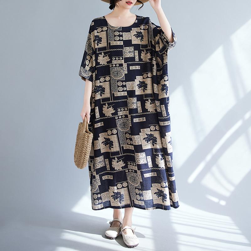 DIMANAF 2025 New Plus Size Summer Dress Women Vintage Printing Loose Casual Dress Long Soft Linen Dress Maxi
