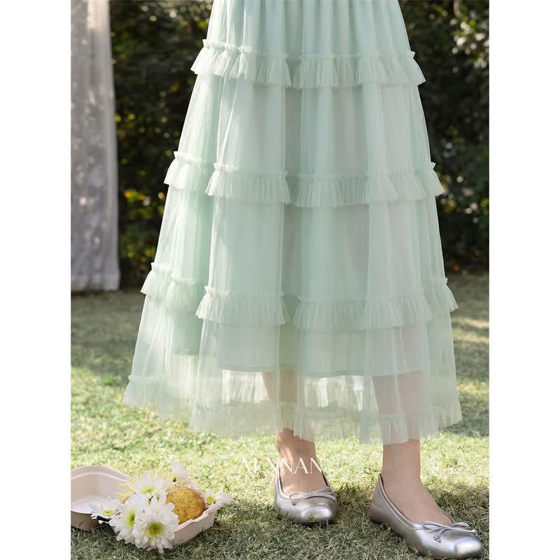 Women's French Retro Green Lace A-Line Midi Skirt