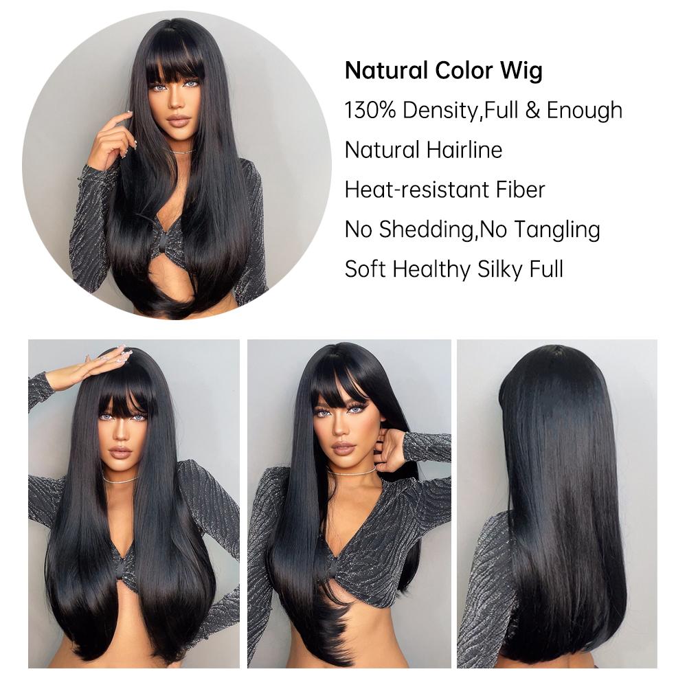 Long Straight Synthetic Wig with Bangs Dark Black Gray Hair Wigs for Women Cosplay Natural Hair Heat Resistant Layered Wigs
