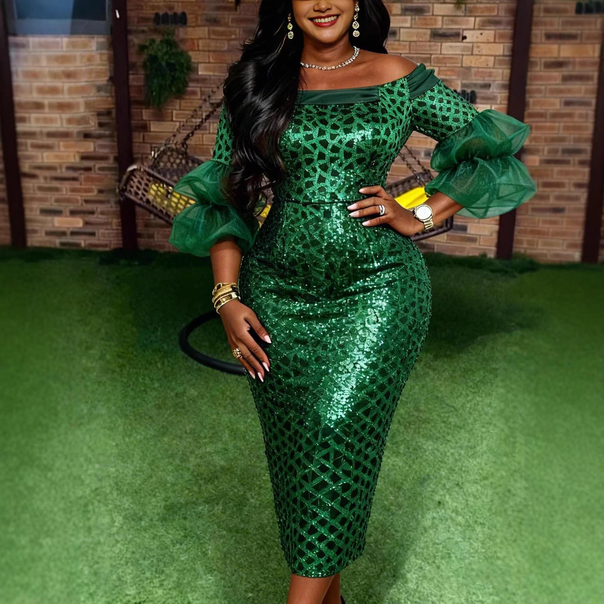 

Elegant Plus Size Dark Green One-Shoulder Dress with Slimming Mesh Puff Sleeves 1XL темно-зелений колір