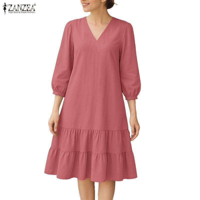 ZANZEA Women Casual V-Neck Solid Color 3/4 Sleeve Loose Dress