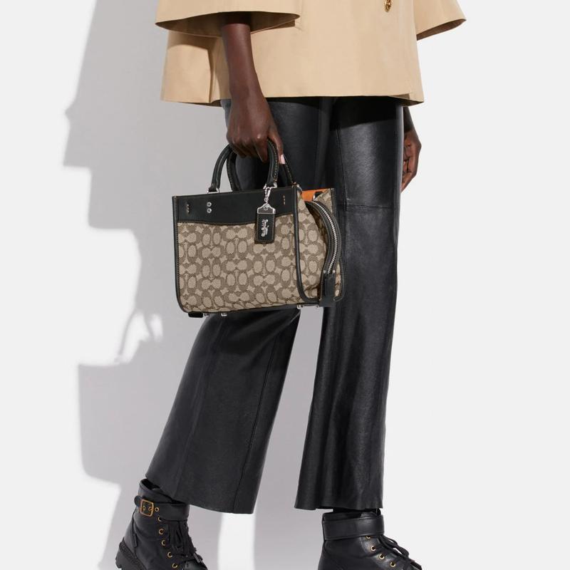COACH Rogue 25 classic old flower jacquard zipper closure fabric and glove-tanned leather shoulder crossbody tote medium women's gray and black