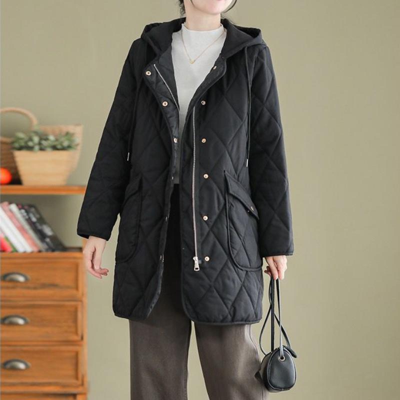New Women's Diamond Check Down Cotton Coat Loose Casual Hooded Parker Outerwear Long Autumn Winter Female Warm Padded Jacket