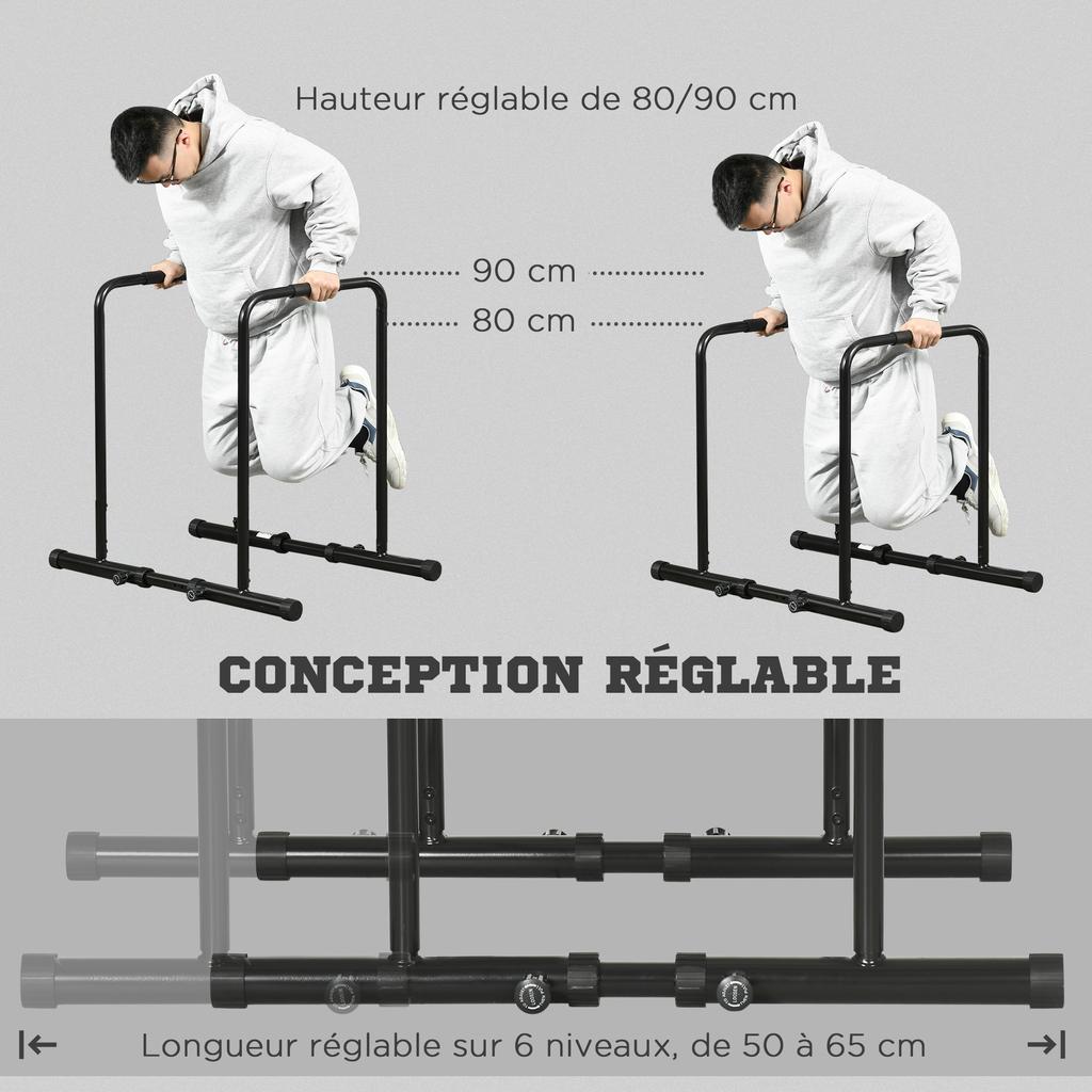 Dips Parallel Bar Steel Strength Training Station, Adjustable Height and Spacing, 90-102x65x80-90cm, Black