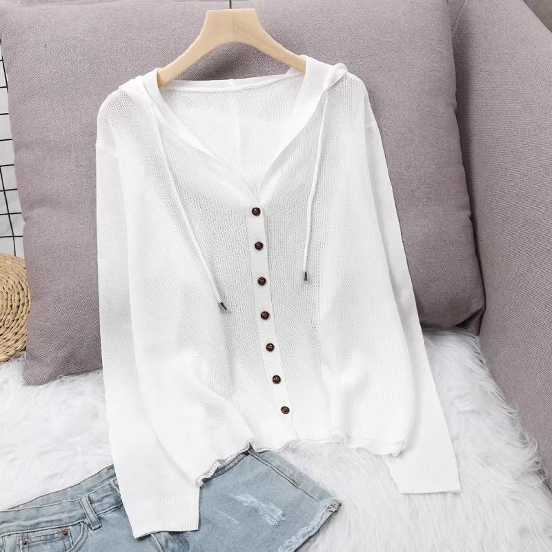 Summer Ice Silk Knitted Open Cardigan Women's Hooded Top Thin Hollow Short Sun Protection Outerwear Korean Style