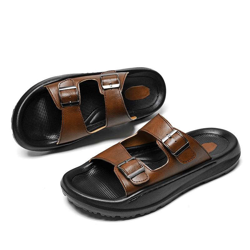 Fashion Genuine Leather Double Buckle Cowhide Slippers for Men Hotel Beach Summer Shoes High Quality Slip on Light Flats Male Flip Flops