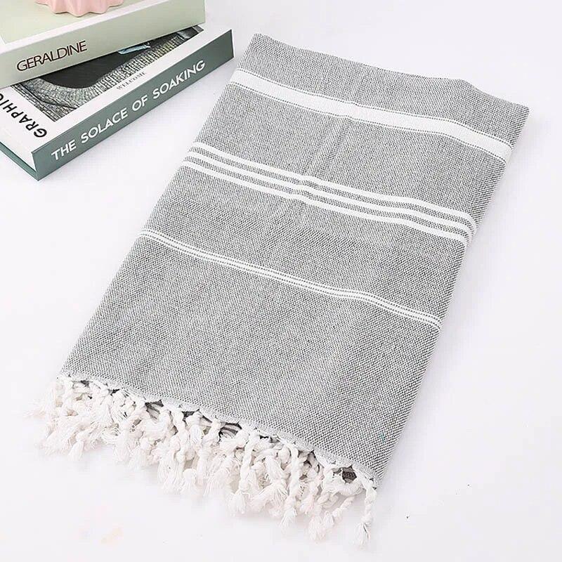 Striped Cotton Sports Bath Towel with Tassels, Travel To Gym, Camping, Sauna, Beach, Swimming Pool Blanket, Absorbent Beach Towel