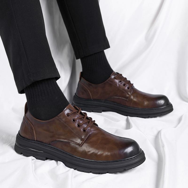 Fashion Brand Mens Round Toe Breathable Derby Shoes Autumn Classic Men Genuine Leather Comfortable Lace Up Business Casual Leather Shoes