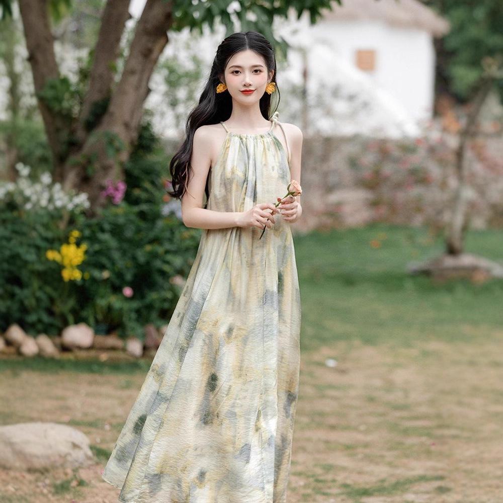 Sanya seaside skirt French loose temperament dress ink smudge printing suspenders holiday wind beach skirt summer