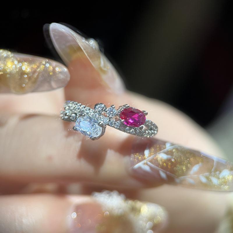 Star Track Twin Stone Ruby Ring Women'S Fashion Light Luxury Niche High-End Color Treasure Diamond Ring