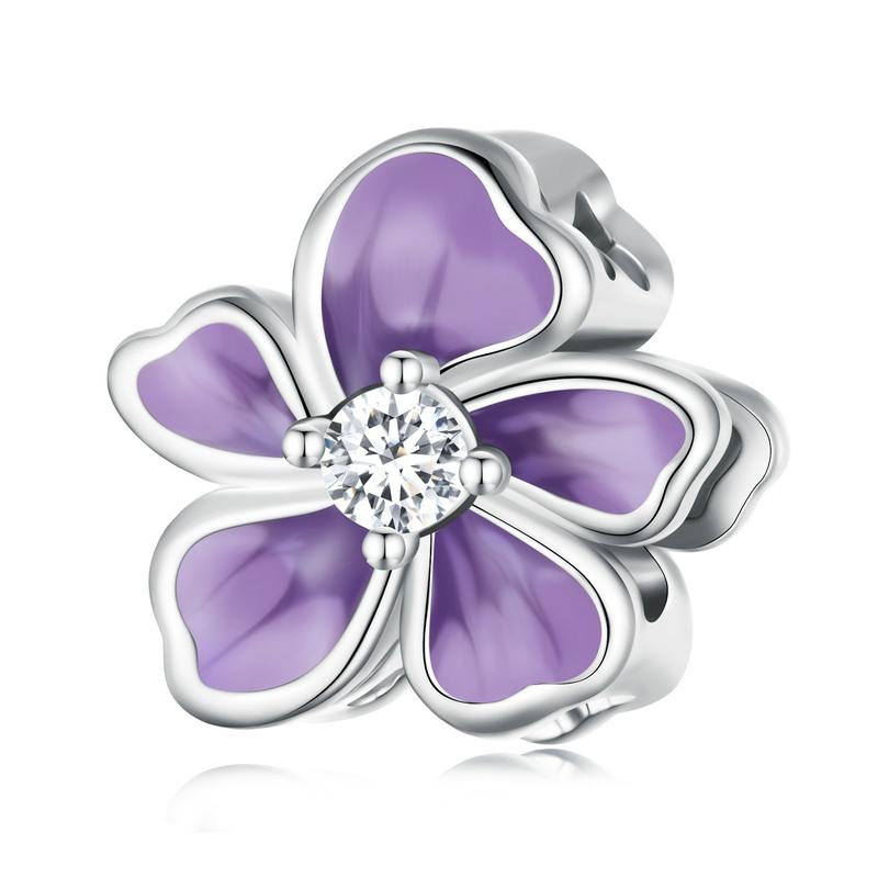 

Bamoer 925 Silver Purple Enamel Flower Beads Clear Zircon Charms for Women Bracelet Fine Jewelry SCC2459