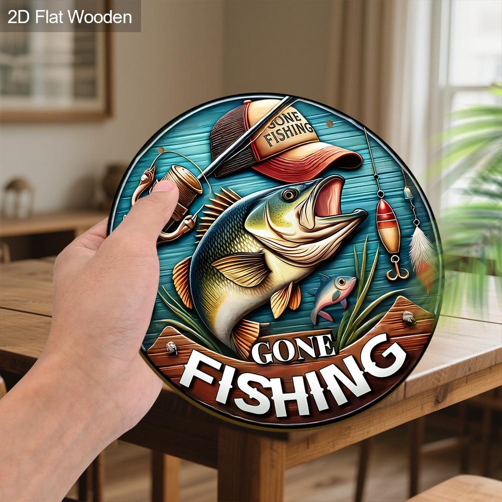 JIT 1pc 2D Flat Classic Fishing Sign Round Wooden Decorative Plaque & Statues, Summer Decor, Suitable for Home, Beach House, Garage, Man Cave - Ideal