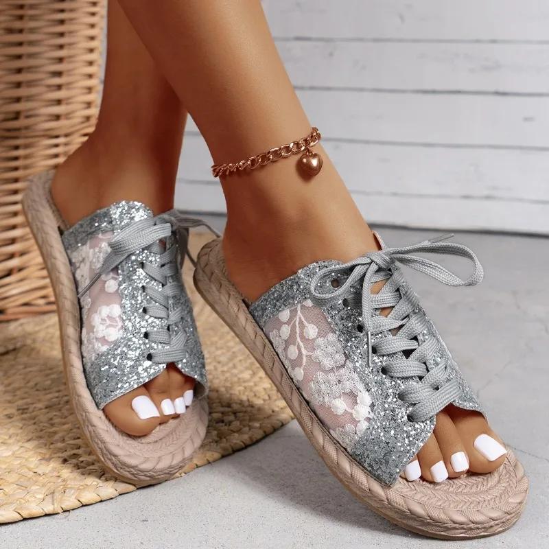 Fashion Women's Slippers 2025 Summer New Style Fashion Embroidery Decoration Casual Lace-up Mesh Open-Toe Flop Women's Large Size