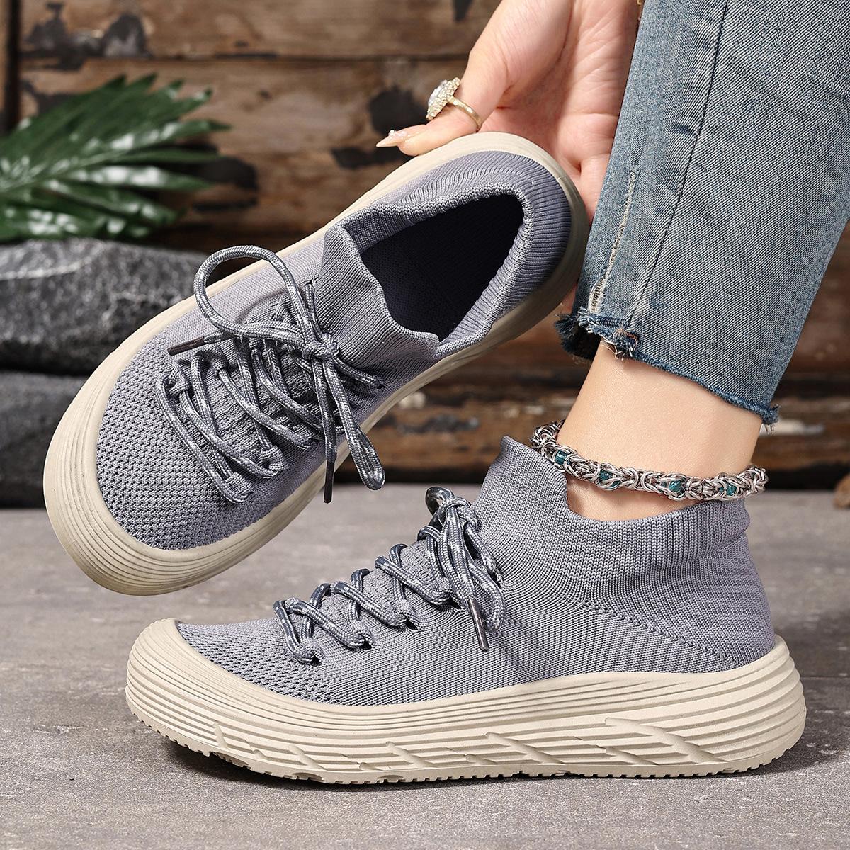 

Женские повседневные кроссовки на массивной платформе, нескользящая обувь для ходьбы для женщин, дышащие вязаные кроссовки для бега, легкие кроссовки на шнуровке для работы, теннисные туфли 43 серый
