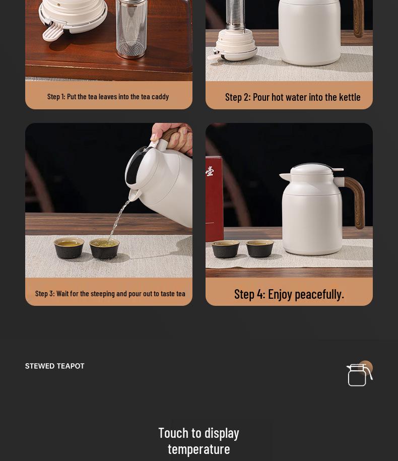 316 Stainless Steel Smart Insulated Teapot with Temperature Display, Tea Separator, and Wood Grain Handle - Large Capacity.