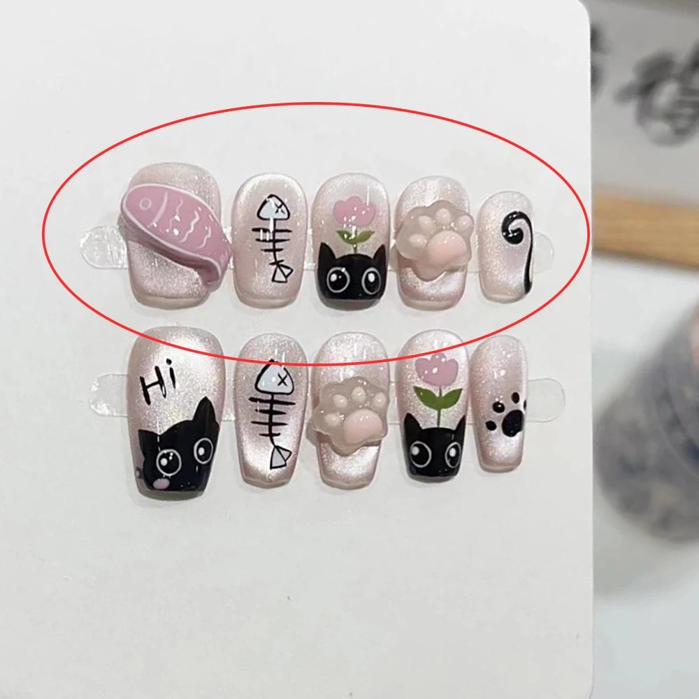 Summer Sweetheart Handmade Full Cover False Nails Kawaii Cartoon Cat Flower Cat Eye Short Square Reusable Fake Nail Stickers