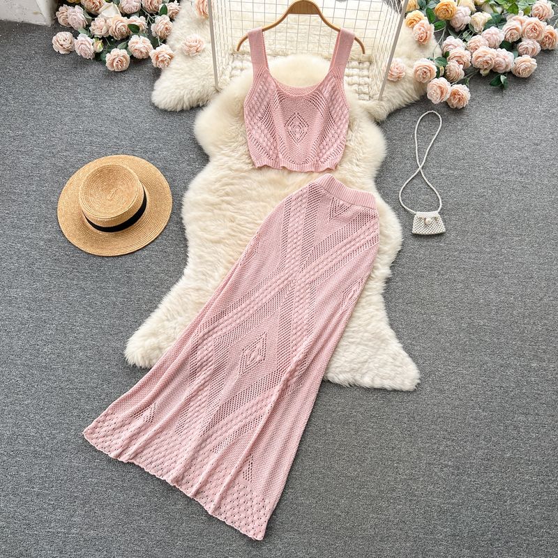 

Women s Summer Cut Out Jacquard Camisole Knitting Suit Pink All yards