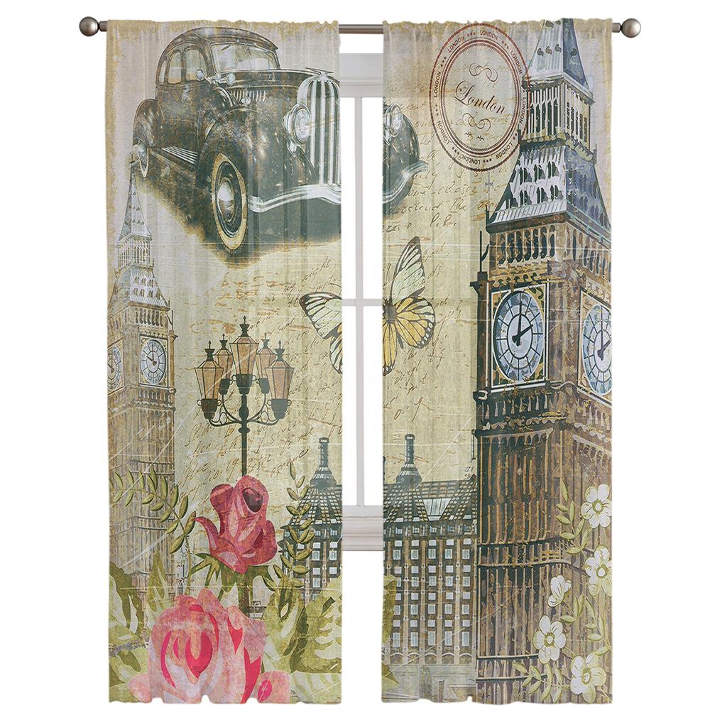 Old London England Poster Art Clock Tower Car Tulle Sheer Window Curtains for Living Room Bedroom Voile Organza Curtains Drapes