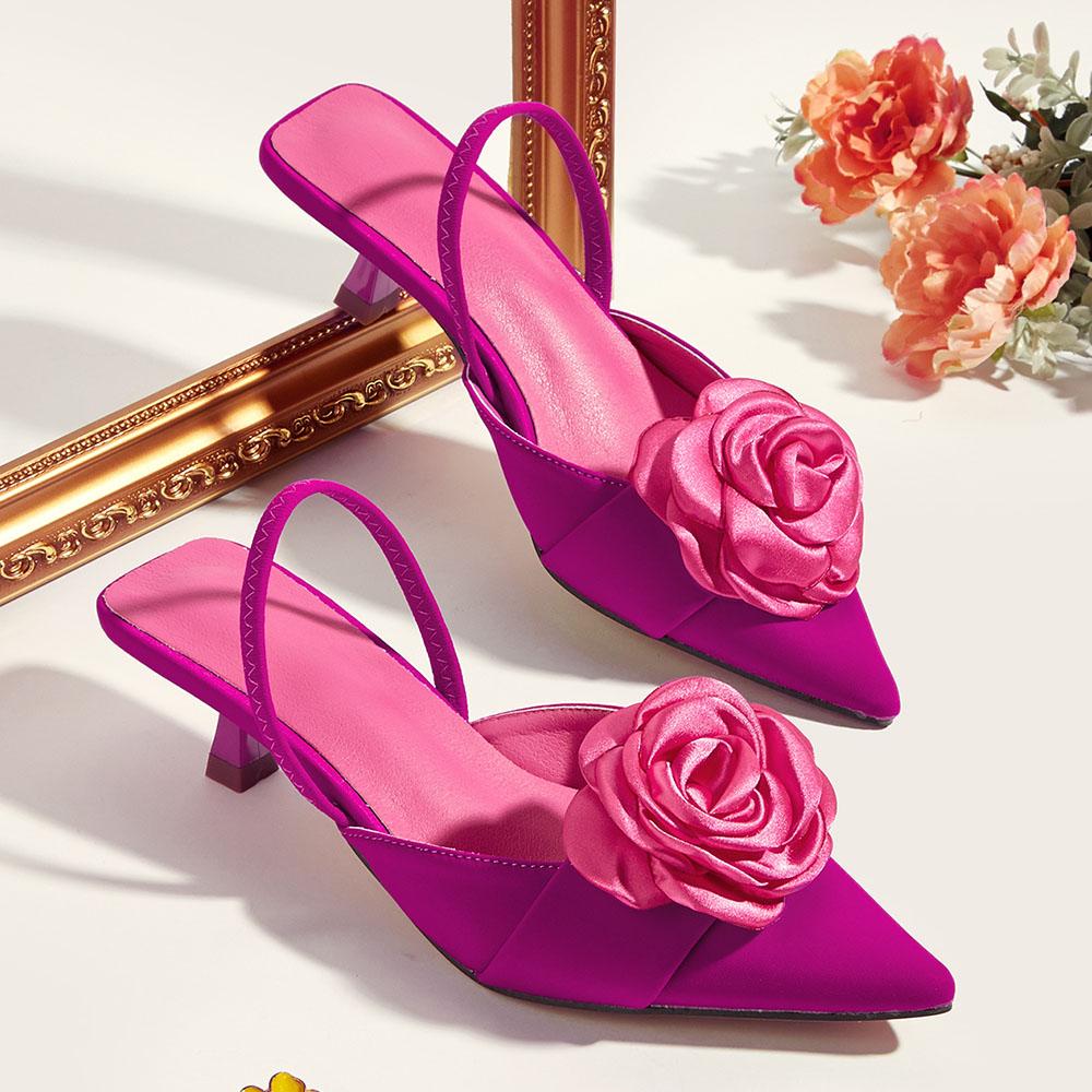 Flower Pointed Toe High Heels Women Pump Sandals Silk Kitten Heels Elegant Office Lady Sexy Party Sandals Big Size 43