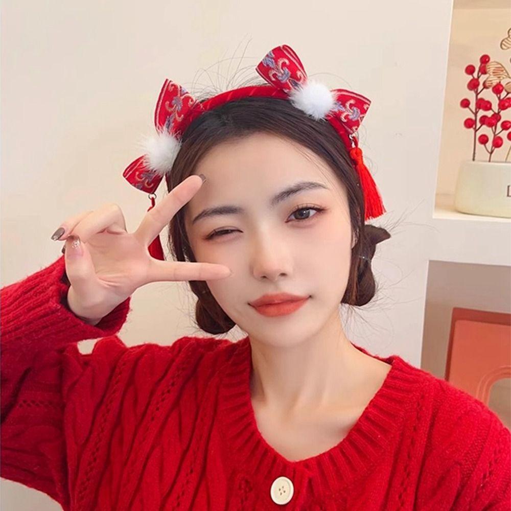 Flower New Year Hair Band Red Hairband Chinese Style Headdress Cute Red Bow Headband  Men