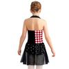 Girls Clown Costume Color Block Patchwork Rhinestone Decorative Leotard Halter Sleeveless Backless Waist Mesh Overlay Jumpsuit