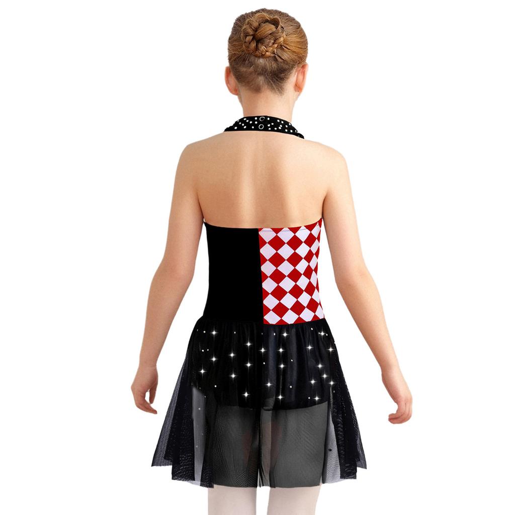 Girls Clown Costume Color Block Patchwork Rhinestone Decorative Leotard Halter Sleeveless Backless Waist Mesh Overlay Jumpsuit