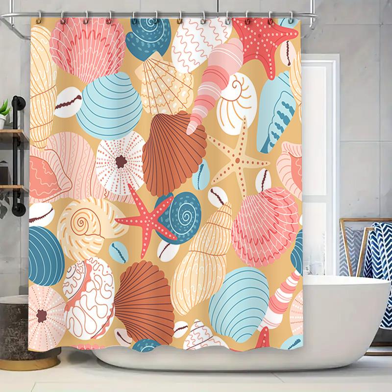 

Beach-Themed Shower Curtain Featuring Seashells And Starfish In Blue, Pink, Red, And Brown Colors Waterproof Fabric For Bathroom W60H190(CM)-1 Pcs
