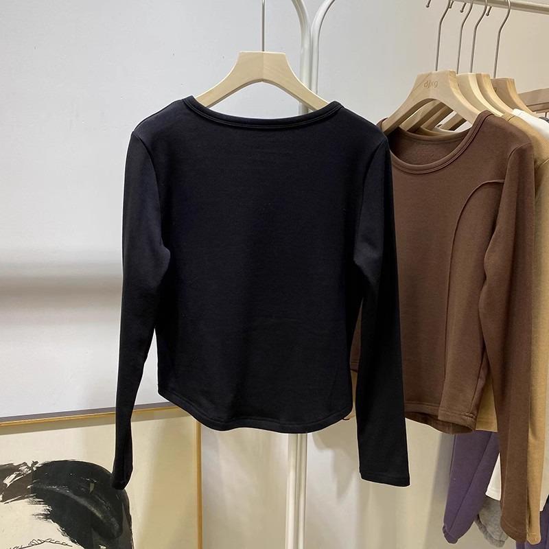 Solid color German velvet long-sleeved T-shirt women's winter double-sided polished warm slim-fit short fish bone top