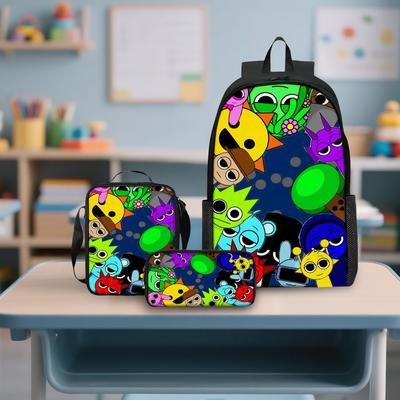 Mochila Periférica de Anime Estampada, Bolsa de Armazenamento de Mochila Personalizada, Conjunto de Três Peças Mochila Lancheira Estojo, Material Escolar
