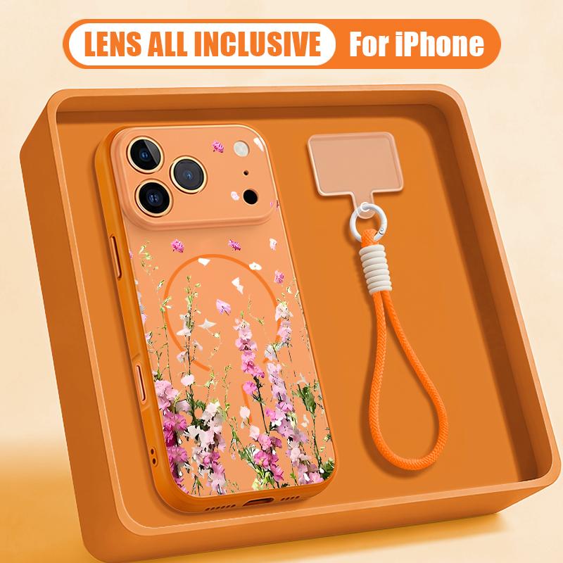 Floral Pattern Hand Strap Case For iPhone 17 Pro Max Hybrid TPU+PC Magnetic For Magsafe Matte Cover For iPhone 16 15 14 13 Pro Max
