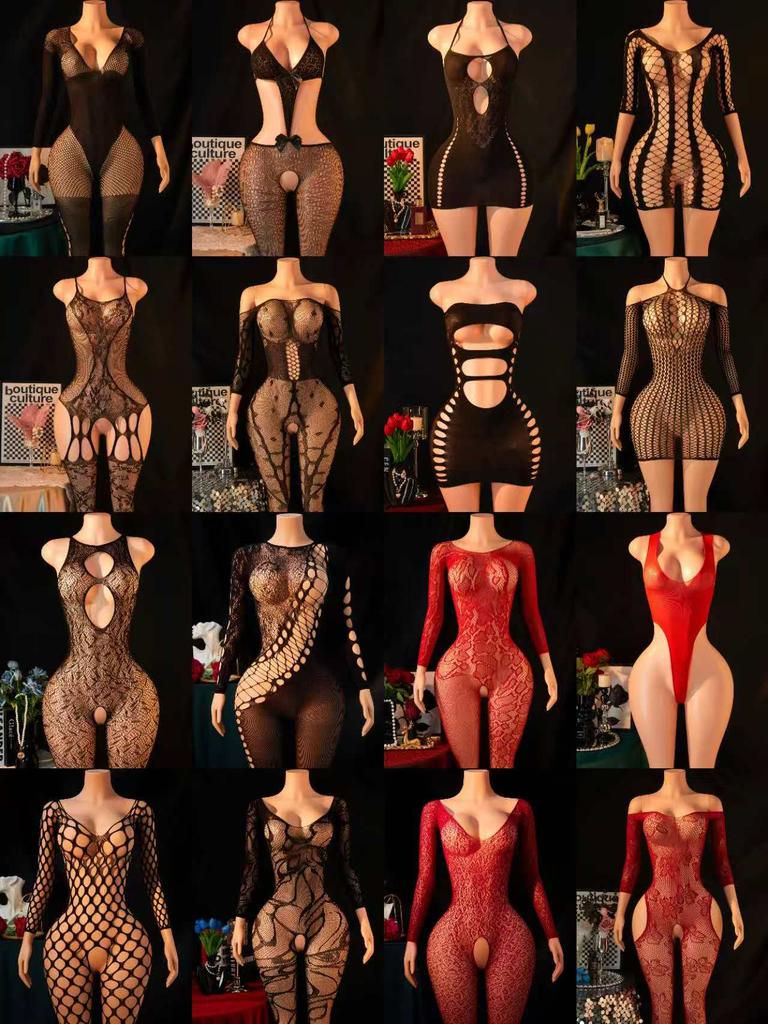 4 Pcs Women'S Sexy Lingerie Stretchy Tight-Fitting Bodysuit & Dress Sexy See-Through Hollow-Out Fishnet Babydoll For Night Club