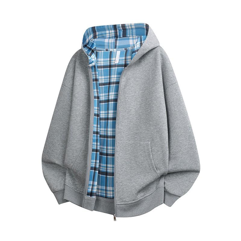 Mens Plaid Hooded Zip-Up Sweatshirt Loose