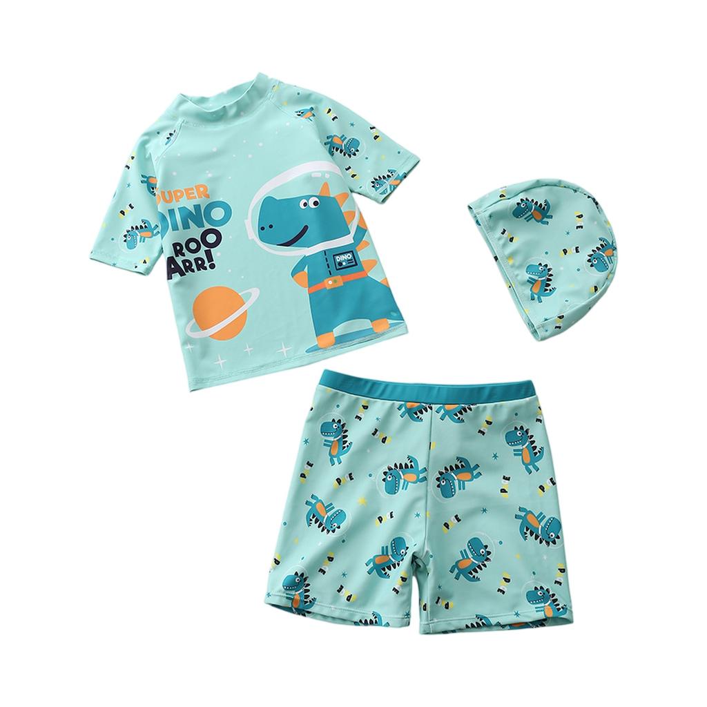 Boys Three Piece Swimsuit Set Short Sleeve Rash Guard Swim Shirt Swim Shorts and Swim Cap Cartoon Dinosaur Print Sun Protection Swimwear