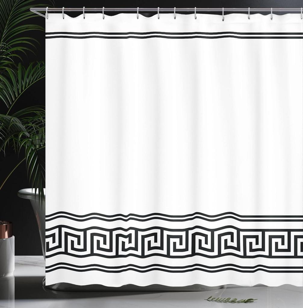 Abstract Shower Curtain, Simple Classic Greek Art Inspired Pattern Monochrome Athens, Cloth Fabric For Bathroom Decor