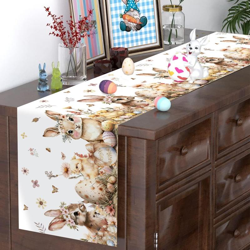 Vintage Easter Bunny Table Runner Polyester Rabbit Eggs Flower Table Flag Easter Decorations For Home Kitchen Dining Table Decor