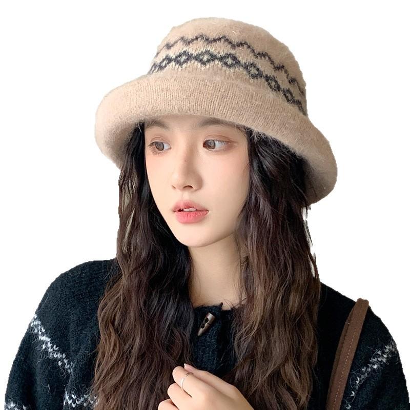 Jacquard Curled Fisherman Hat Women's Winter Windproof Retro Fashion Versatile Warm Ear Protection Knitted Basin Hat