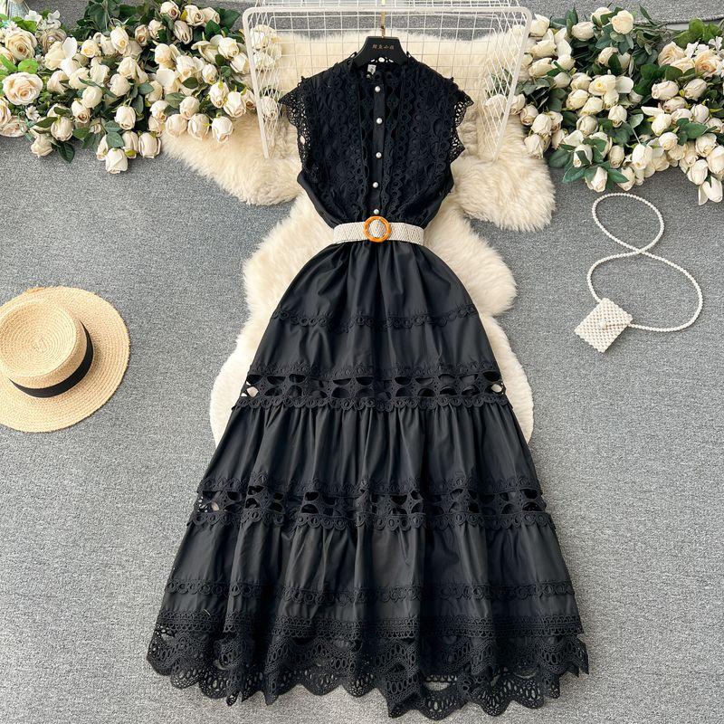 

Stand Collar Hollow Lace Elegance Dress Embroider Black M