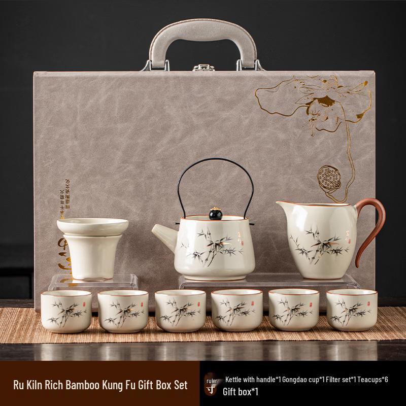 GOWKE Ru Kiln Kung Fu Tea Set with Bamboo Beam Pot