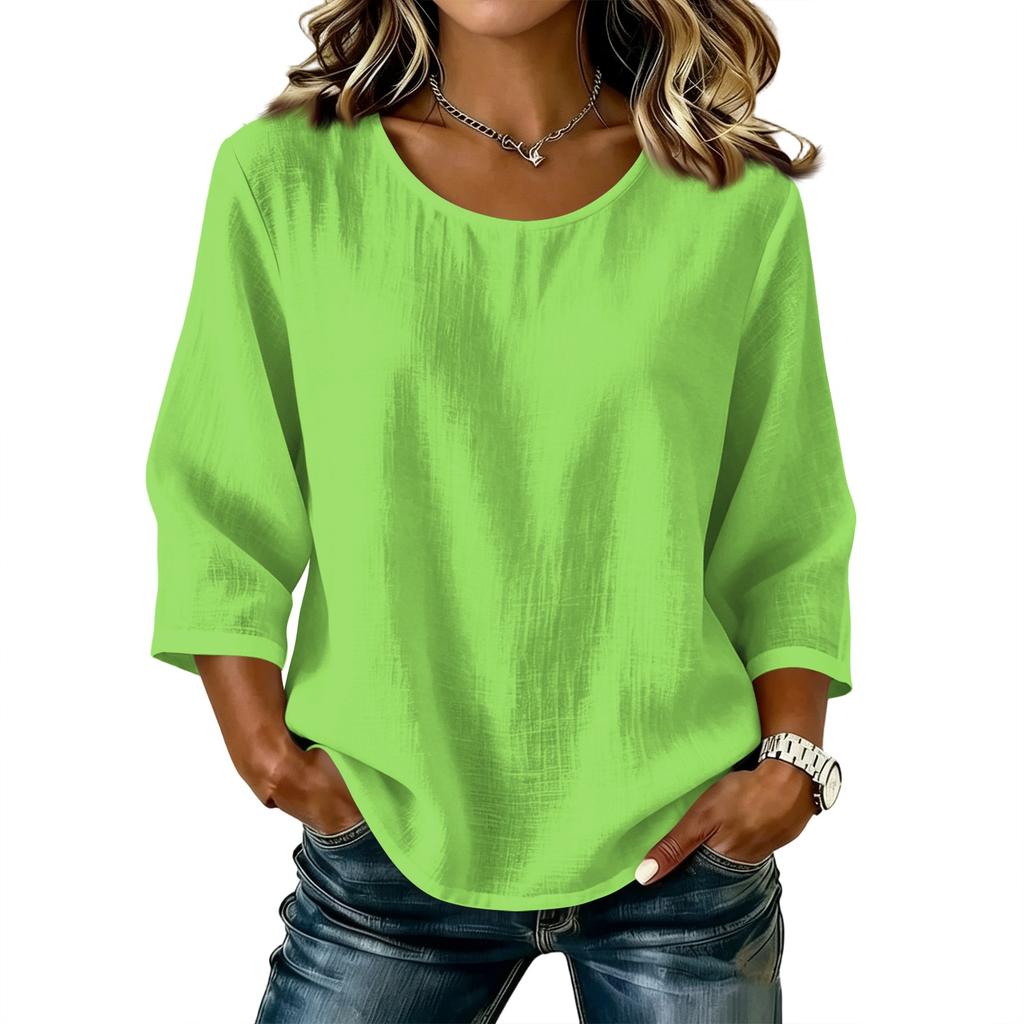 Blusa Top Casual para Mujer de Color Sólido, Cuello Redondo, Manga Tres Cuartos, Mezcla de Lino y Algodón, Corte Holgado, para Uso Diario