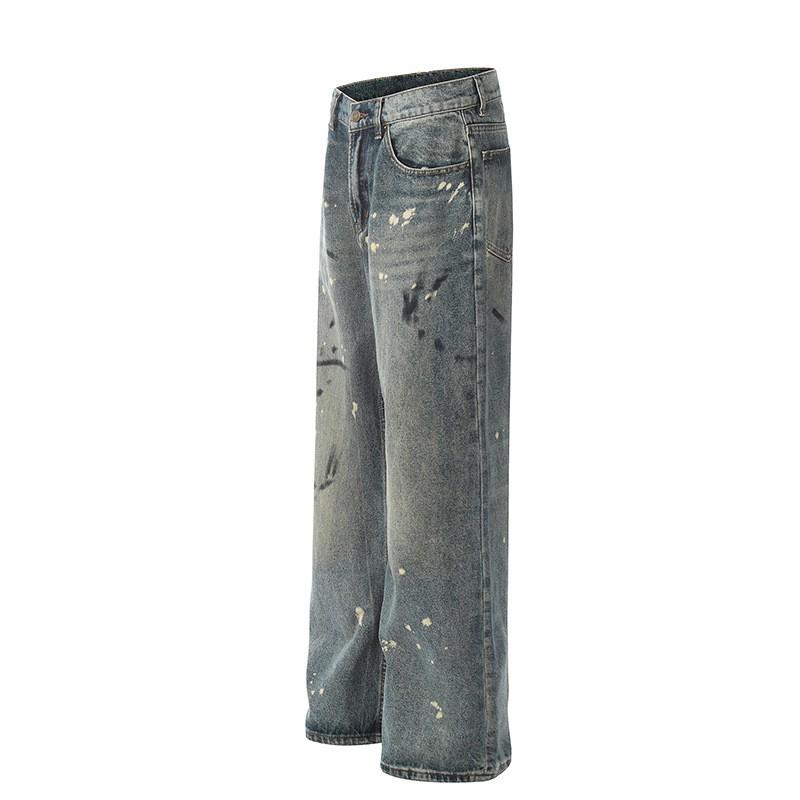 Relaxed Fit Distressed Washed Denim Jeans Men Women Streetwear Loose Straight Leg Tapered Drop Crotch Pants